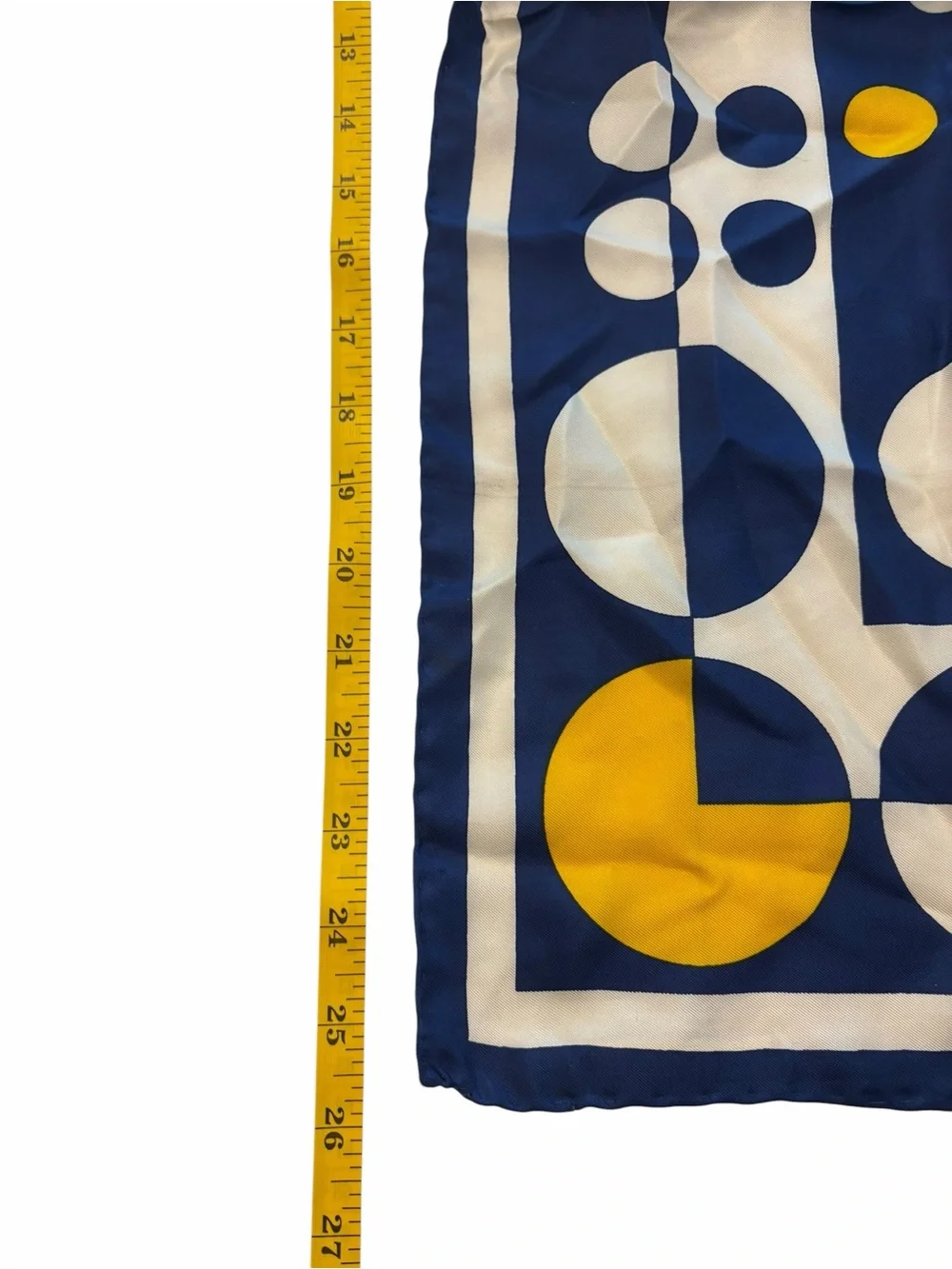 Silk Scarf Hand Rolled Edges 26” Blue Yellow White Geometric Dots STAINS Italy